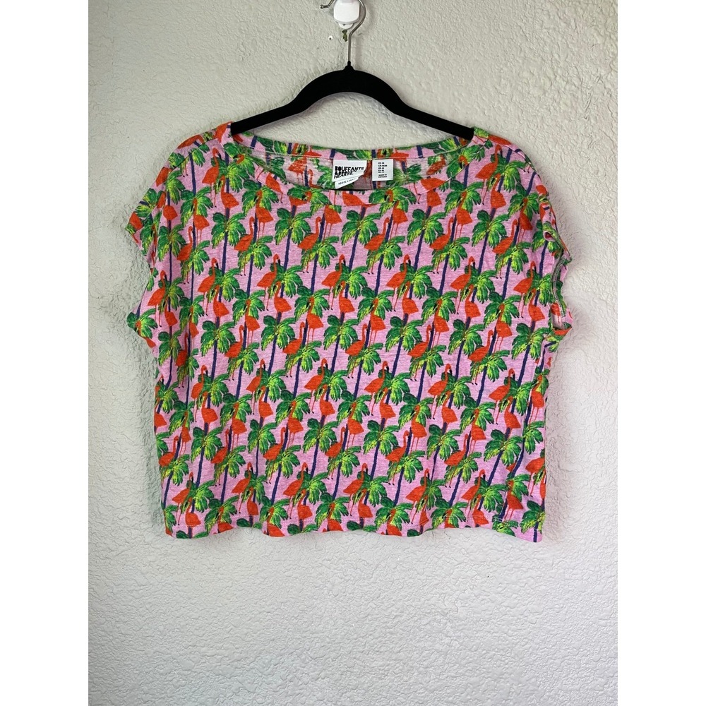 Bouffants & Broken Hearts Linen‎ Flamingo Palm Tree Print Crop Top